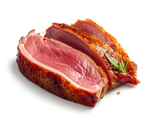 Appetizing gourmet meat photography capturing thick slices of rich roasted duck breast with perfectly crisped skin.