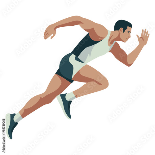 Sprinter in a dark blue and white kit lunges forward in a powerful running pose, captured in a clean graphic illustration that emphasizes agility and physical fitness for commercial athletic themes.