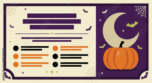 Purple moon and pumpkin adorn a festive Halloween-themed layout. Small bats flutter near a webbed background. Text placeholders suit event flyers or seasonal promotions