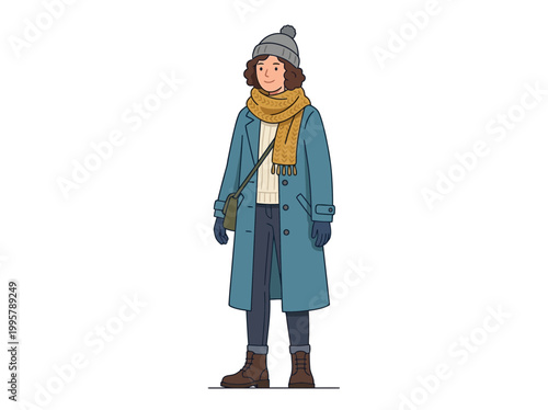 A stylish woman dressed in warm winter clothing standing in a full length pose.