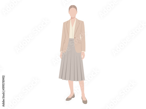 A woman wearing a tan blazer and a grey pleated skirt standing against a white background.