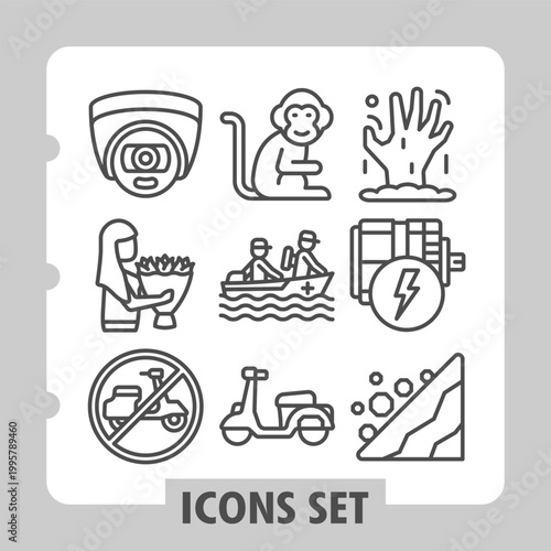 Surveillance camera, woman, scooter ban icons, illustrating concepts such as security, family, health, finance, travel, energy, hygiene and prohibition. Set of nine line icons on white background.