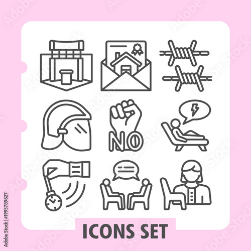 Promotion podium, firefighter helmet, clock icons, collection illustrating concepts such as business, communication, social issues and time management. Set of nine line icons on white background.