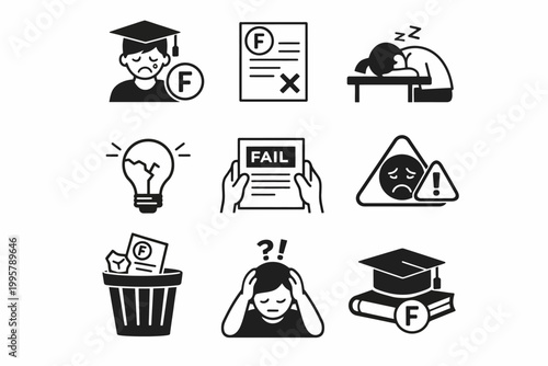 Icons depicting academic failure and frustration with exams and grades