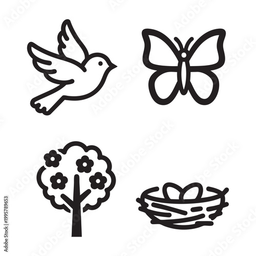 Spring Nature Bold Line Art set with Bird Butterfly Tree Nest