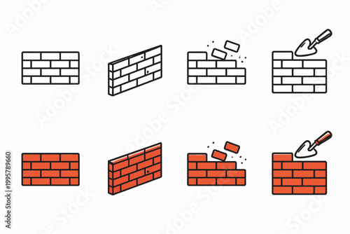 Brick wall stages and tools icon set with trowel illustrations