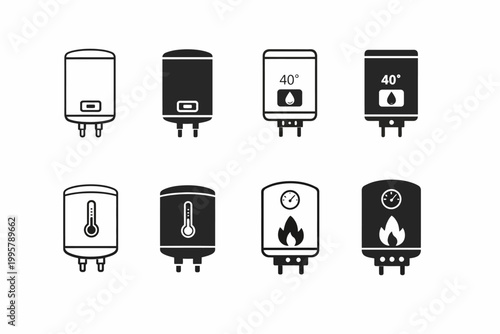 Set of eight water heater icons with temperature and flame indicators
