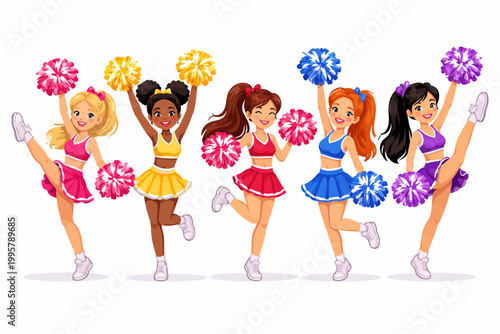 Diverse cheerleading squad of young women performing with pom-poms