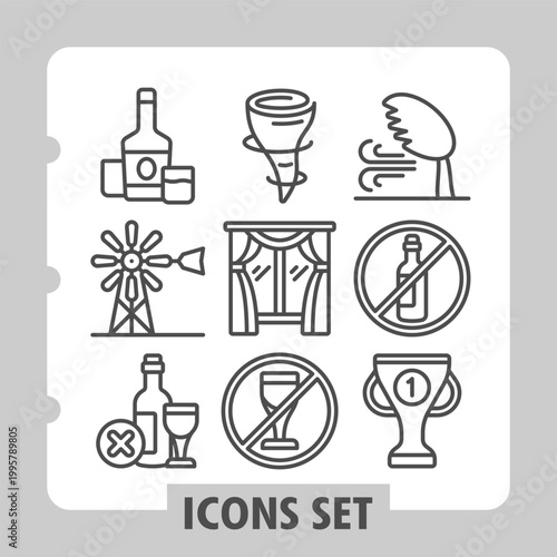Whisky drink, windmill, wine bottle icons, collection illustrating concepts such as energy, fashion, sports, celebration and leisure. Set of nine line icons on white background.