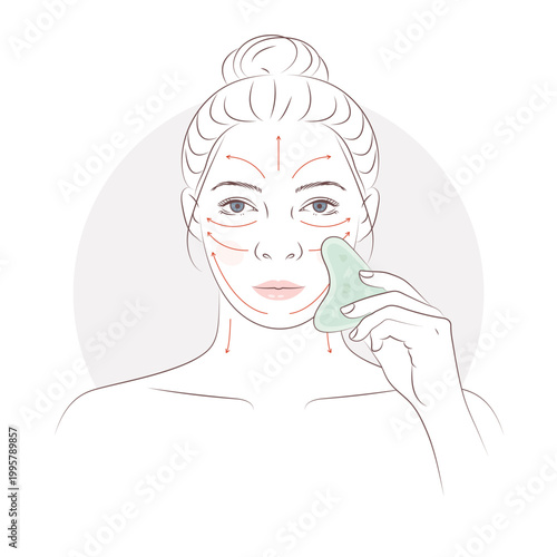 Gua sha facial massage directions on woman's face