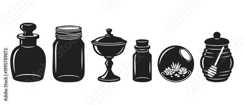 Glass Jar Icons Set, Apothecary Bottles and Honey Pot Collection. Vector illustration of kitchen containers, laboratory glassware, and decorative terrarium on a clean white background for design proje