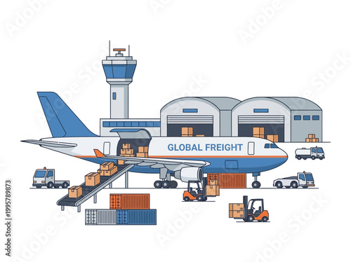 Air cargo logistics operation with freight airplane and airport ground support equipment.