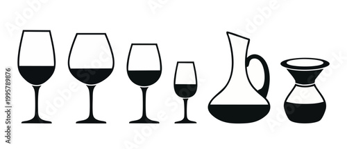 Wine glasses and decanter set silhouette icons for bar menu, restaurant drink listing, winery branding, or hospitality design elements, featuring a variety of elegant glassware shapes in minimalist bl