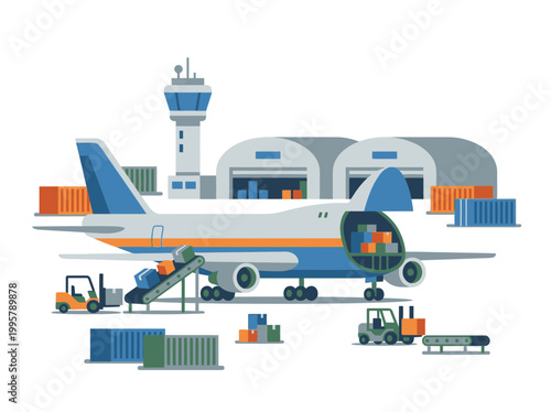 Cargo aircraft loading and unloading operations at airport tarmac.