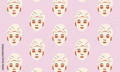 Facial Mask Self Care Pattern, Beauty Skincare Wellness Flat Minimal Illustration