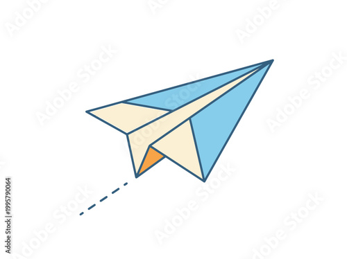 A colorful paper airplane flying isolated on white background.