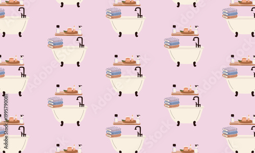 Home Spa Self Care Pattern with Bathtub, Candles and Skincare Accessories Illustration
