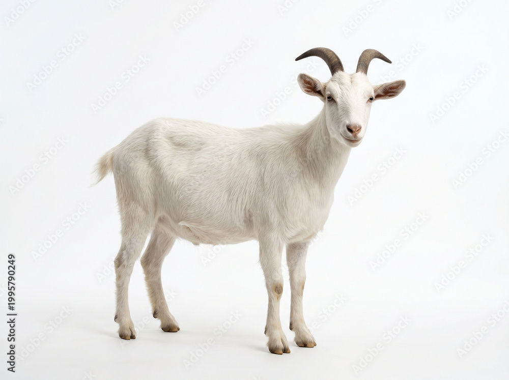 Fototapeta premium white goat standing facing camera isolated on white background representing eid al adha livestock sacrifice and farm animal concept