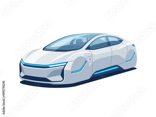 Modern white futuristic electric vehicle concept with glowing blue lights.