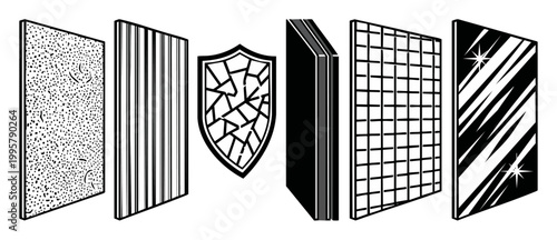 Glass Types and Protective Shield Icons Set: Architectural Material Textures, Safety Glazing, Tempered Panels, Reinforced Mesh, Reflective Surface, Vector Illustration for Industrial Construction Desi