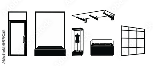 Store front display icon set, retail shop window and showcase glass furniture collection. Black vector flat design elements for commercial architecture, merchandising display, and boutique interior la