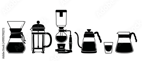 Coffee Maker Icons Set, Various Manual Brewing Methods and Tools for Barista, Minimalist Black Silhouette Collection on White Background for Cafe Menu Design, Professional Coffee Equipment Illustratio