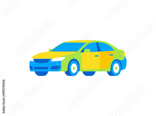 A vibrant yellow sedan car isolated on white background.