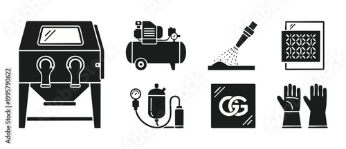Sandblasting Equipment Icon Set, Industrial Abrasive Blasting Tools and Sandblast Cabinet for Surface Treatment, Metal Cleaning, Rust Removal, and Refinishing Processes in Manufacturing and Workshop T