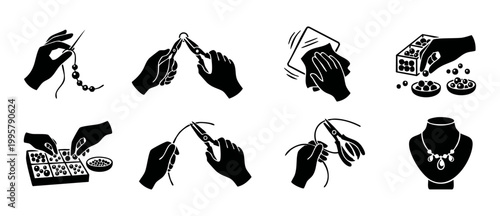 Jewelry Making Icons Set, Hands Crafting Necklaces with Tools, Beads, and Wire, Vector Illustration Pack for Craft Workshops, Creative Hobby Business Branding, Professional Artisan Jewelry Design Elem