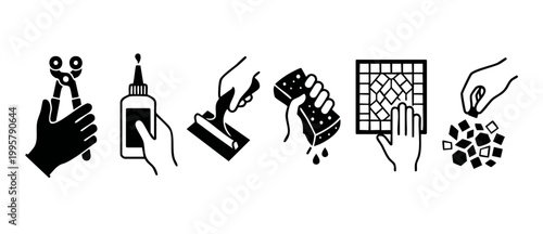 Tile Installation Process Icons Set, Tiling Tools and Materials for Home Renovation, Professional Ceramic Work Steps with Hands and Equipment for Construction, Repair, Flooring, and Wall Tiling Projec