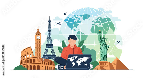 Young man using laptop with world map for travel planning.