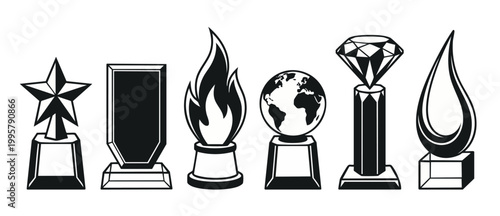 Award Trophies Set Black and White Vector Icons, Recognition Achievement Trophies with Star, Shield, Flame, Globe, Diamond and Abstract Shapes for Business Competitions, Success, and Excellence Trophi