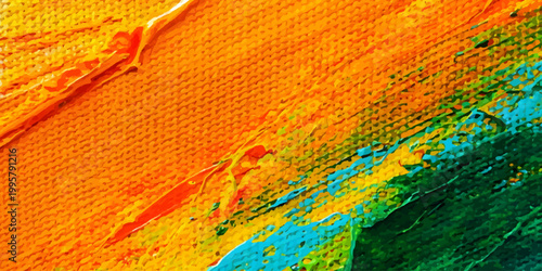 A vibrant handmade textile background features a colorful woven pattern of red and yellow wool yarn with macro floral craft designs on textured orange cotton fabric