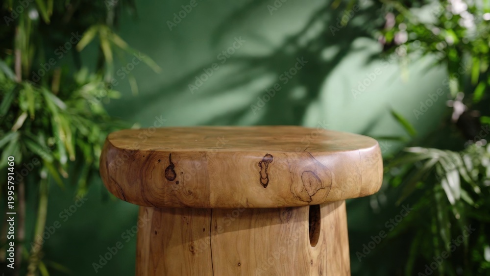 Fototapeta premium Round wooden stool showing grain and knot details indoors