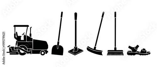 Construction machinery and manual cleaning tools set, asphalt paver icon, shovel, mop, broom, and sandal silhouette vector collection for industrial maintenance and road construction equipment design