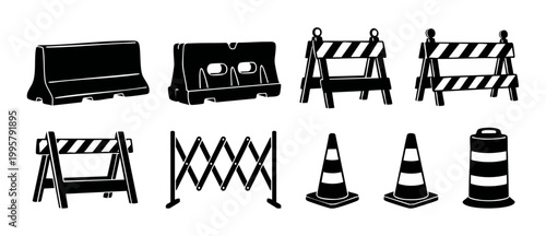 Road Construction Barricades Set - Traffic Safety Barriers and Cones Icons for Site Security, Maintenance, and Roadwork Projects, Isolated Black and White Vector Graphic Illustration for Construction