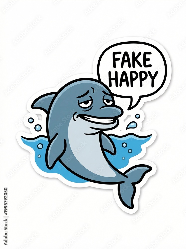 Obraz premium Cartoon dolphin with sarcastic smile and speech bubble saying 'Fake Happy' 