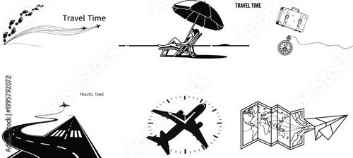 A collection of black and white sketches depicting various modes of transportation and travel related imagery evoking a sense of journey