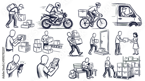 Collection of illustrations depicting various aspects of delivery services, including couriers on motorcycles and bicycles, van drivers, and people receiving packages.