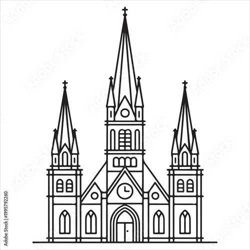 Gothic revival style cathedral facade with three central spires