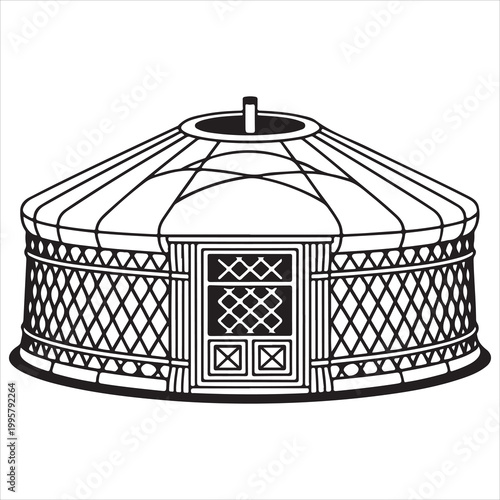 Traditional yurt structure with intricate lattice door design