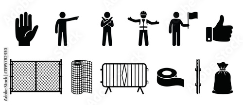 Construction Site Safety Icons Set - Warning Signs, Fencing, and Worker Gestures for Industrial Project Management and Site Security Vector Graphics Collection for Infrastructure Development Planning.