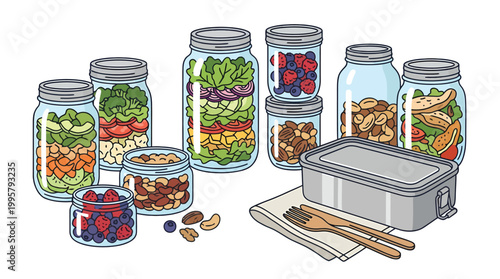 Jars of Assorted Preserved Foods With Lunchbox And Chopsticks.