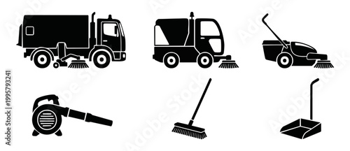 Street Sweeper and Cleaning Equipment Icons Set: Professional Cleaning Vehicles, Industrial Road Maintenance Tools, Manual Brooms, and Leaf Blowers for Sanitation Services and Municipal Facility Manag