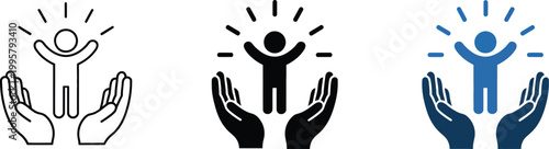 Hands Holding Person Vector Illustration, Uplifting Design with Radiating Light Lines Representing Care, Support, Protection, Personal Growth, Well Being, and Achievement Concepts