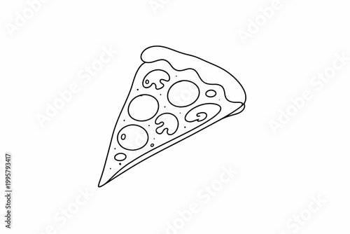 Black and white pizza slice illustration with pepperoni and mushrooms