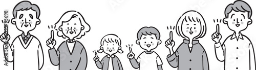 指差しをする家族三世代（モノクロ）　上半身　ベクター