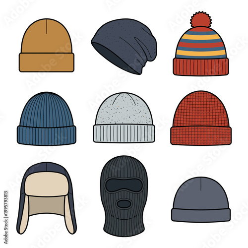 Diverse collection of winter headwear including various knitted beanies, a balaclava, and a trapper hat, presented as flat vector illustrations perfect for cold weather fashion and lifestyle concepts