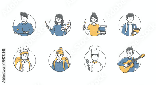 Flat design icons of various professionals in circular frames on a white background with a modern aesthetic.