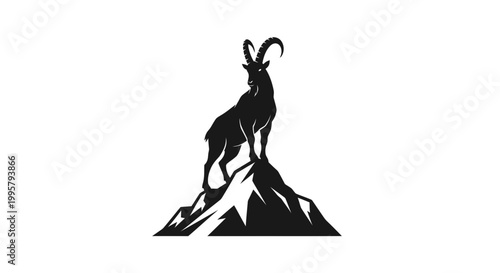 Photography Silhouette Ibex Standing on Rocky Mountain Peak, Wildlife Animal Vector Art